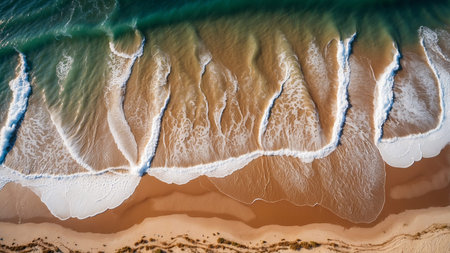 This image captures an aerial perspective of dynamic ocean waves crashing onto a pristine sandy...