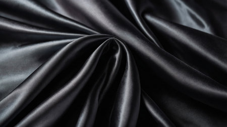 This image showcases a sleek, black silk fabric draped elegantly, with soft folds and a smooth texture, exuding an appearance of luxury, elegance, and sophistication in a visually striking and captivating manner.の写真素材