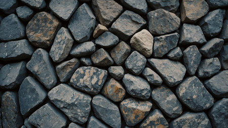The image features a close-up of a wall constructed of dark gray stones, each with unique shapes and textures, giving it a natural and rugged appearance, showing the beauty and intricacy of natural stone formations.の写真素材