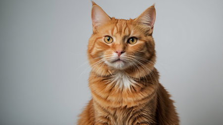 This image features a close-up of a ginger cat with white fur on its chest, positioned against a simple white background. The feline appears to be sitting and looking directly ahead, capturing a serene and curious moment, AI generated imageの写真素材