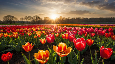 An exquisite field of tulips in a variety of vibrant colors, illuminated by the warm glow of the...