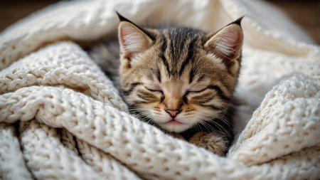A cute tabby kitten is sound asleep, comfortably wrapped in a soft white knitted blanket, creating a serene and heartwarming scene. The kitten's peaceful expression and the cozy setting enhance the image's charm and tranquility, AI generated imageの写真素材