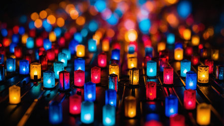 A captivating image of colorful lanterns glowing in various hues like blue, red, and yellow, forming...
