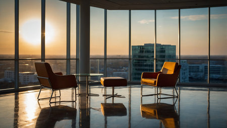 A modern office lounge featuring sleek chairs, a central table, and a large glass window offering a stunning sunset view of the urban cityscape, highlighting the serenity and elegance of contemporary office design, AI generated imageの写真素材