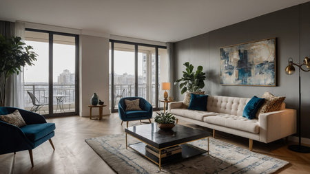 A spacious and contemporary living room featuring large windows, chic furniture, and abstract...