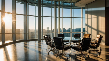 A modern office lounge featuring sleek chairs, a central table, and a large glass window offering a...