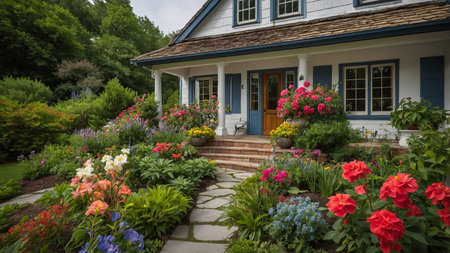 A stunning classic Tudor style house set amidst a beautifully landscaped flower garden with a lush...