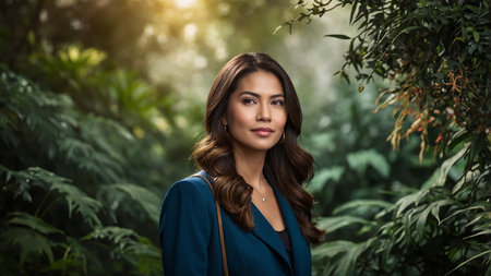 A woman wearing a blue coat stands amidst dense green foliage, with a serene expression and light filtering through trees, giving a peaceful and hopeful ambiance to the image suitable for various themes and uses. AI generated imageの写真素材
