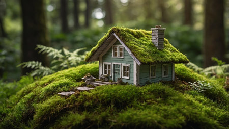 This enchanting image features a small wooden house with a moss-covered roof, nestled amidst lush greenery in a dense forest. The house is complemented by a small stone pathway leading to its door, evoking a magical, fairytale setting. AI generated imageの写真素材