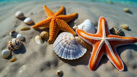 A beautiful assortment of colorful starfish and seashells scattered on a pristine sandy beach with...