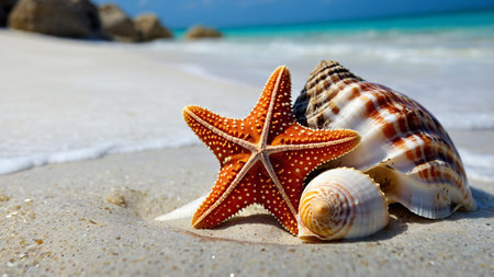 A beautiful assortment of colorful starfish and seashells scattered on a pristine sandy beach with...