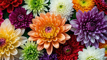 A vibrant display of various flowers, including dahlias and ranunculus, showcasing a range of colors...