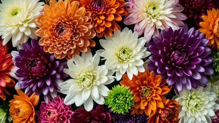 A vibrant display of various flowers, including dahlias and ranunculus, showcasing a range of colors...