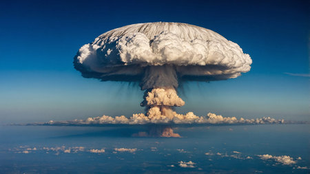 A powerful nuclear explosion generates a massive mushroom cloud, soaring high into a clear sky, creating a dramatic and intense visual effect over a vast, deserted landscape, illustrating the force and devastation unleashed.の写真素材