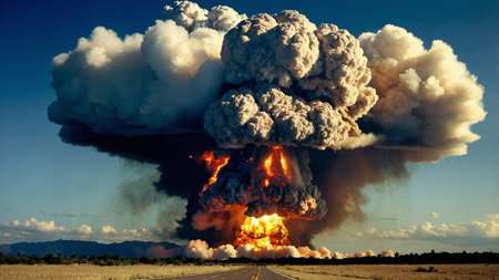 A powerful nuclear explosion generates a massive mushroom cloud, soaring high into a clear sky,...