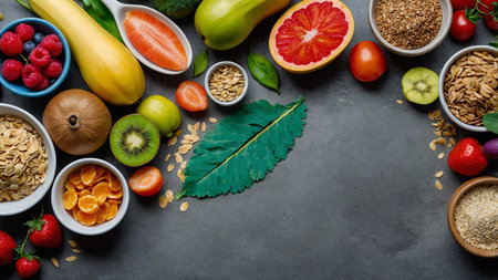 A vibrant assortment of fresh fruits, vegetables, and nuts displayed on a dark background. This...