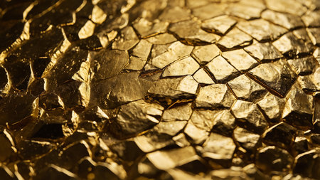 This image showcases a close-up view of a gold textured surface with cracked patterns, presenting a glimmering and shiny appearance. The intricate details of the cracks give the image a rustic yet luxurious feel, symbolizing opulence and resilience. AI generated imageの写真素材