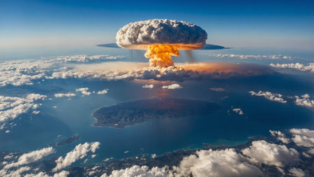 A powerful nuclear explosion generates a massive mushroom cloud, soaring high into a clear sky, creating a dramatic and intense visual effect over a vast, deserted landscape, illustrating the force and devastation unleashed.の写真素材
