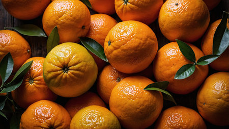 This captivating image shows a close-up view of numerous ripe oranges piled together, highlighting...