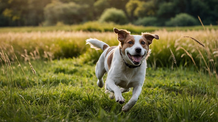 This image features a happy dog running energetically through a sunlit meadow, showing its joyous...