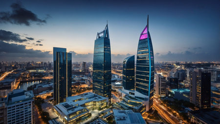 This image showcases two contemporary glass office buildings against a vibrant city skyline,...