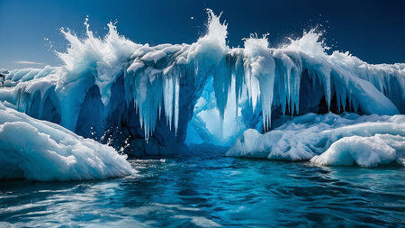 This stunning image captures a beautiful icy waterfall cascading over a frozen landscape, creating a...