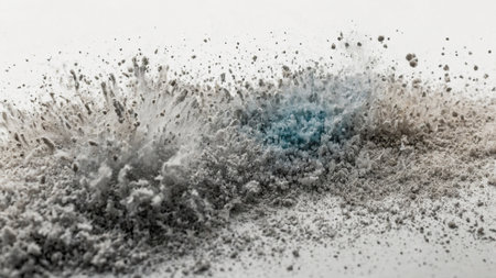 This black and white image captures a dynamic explosion of particles frozen in mid-air, evoking a sense of chaos and energy, and representing concepts of motion, chaos, energy, and fluidity in an abstract artistic style. AI generated imageの写真素材