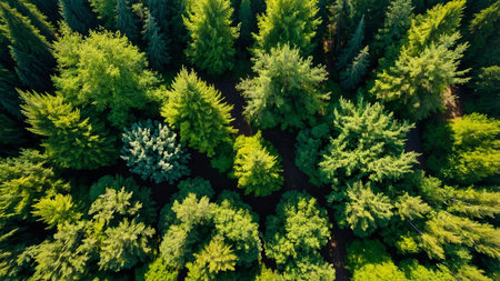 This captivating aerial photograph showcases a lush green forest from above, revealing a diverse...
