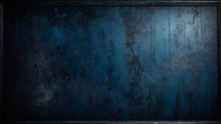 Dark grunge textured blue board, marked with dust and scratches, creating a moody and artistic background perfect for various creative design projects. Its worn, distressed appearance adds depth and character to any visual work. AI generated image.の写真素材