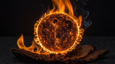 A dramatic depiction of the sun in space, with intense flames and fiery details against a stark black background. The vivid orange and yellow flames highlight the powerful and energetic nature of the sun, making it an ideal image for themes related to space, energy, and power. AI generated image.の写真素材