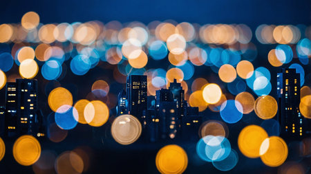 A stunning view of a city skyline at night, adorned with vibrant and colorful bokeh lights. The blurred lights create a dynamic and lively urban atmosphere, highlighting the city's energy and vibrancy. This captivating image is perfect for themes related to urban life, nightlife, and modern cityscapes. AI generated imageの写真素材