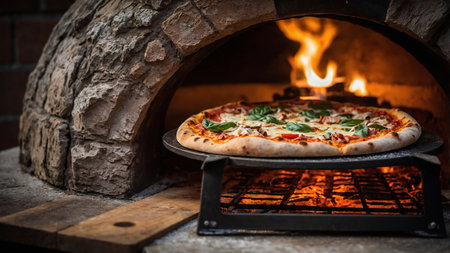 A deliciously crispy, golden-brown pizza fresh from the wood fired oven, topped with vibrant green basil leaves, black olives, and melted mozzarella cheese, capturing the essence of authentic Italian cuisine. AI generated image.の写真素材
