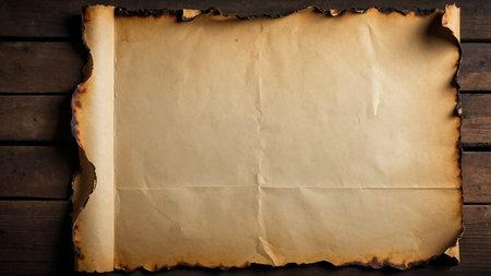 A vintage blank paper sheet with burned edges rests on a rustic wooden background. The aged paper...