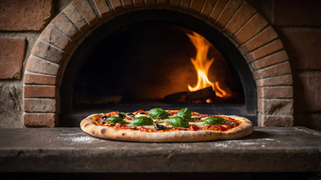 A deliciously crispy, golden-brown pizza fresh from the wood fired oven, topped with vibrant green basil leaves, black olives, and melted mozzarella cheese, capturing the essence of authentic Italian cuisine. AI generated image.の写真素材