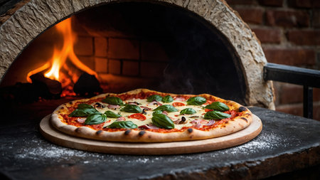 A deliciously crispy, golden-brown pizza fresh from the wood fired oven, topped with vibrant green basil leaves, black olives, and melted mozzarella cheese, capturing the essence of authentic Italian cuisine. AI generated image.の写真素材