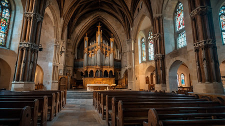 A stunning view of a medieval stone church interior, featuring a grand pipe organ as the focal point. The elegant wooden pews, Gothic arches, and beautiful stained glass windows add to the majestic and serene atmosphere. AI generated image.の写真素材