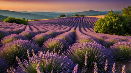 This image captures majestic lavender fields stretching into the horizon beneath a vibrant sunset, highlighting the beauty and tranquility of nature with colorful skies and fluffy clouds. AI generated imageの写真素材