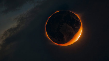 The image showcases a stunning total solar eclipse with the Sun's corona glowing brightly,...