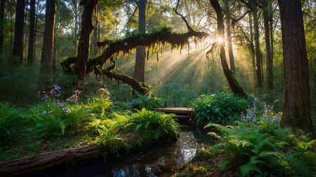 A serene forest scene featuring sunlight piercing through tall trees, illuminating a small stream and a wooden footbridge lined with lush green foliage, moss, and flowers. AI generated imageの写真素材