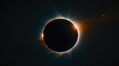 The image showcases a stunning total solar eclipse with the Sun's corona glowing brightly, highlighting the celestial phenomenon in its grandeur and capturing a breathtaking cosmic event. AI generated imageの写真素材