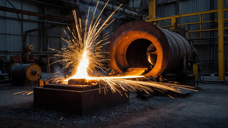 This image captures a dynamic industrial scene where machinery generates sparks during a...