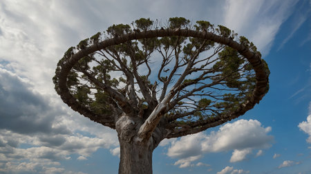 This image showcases a stunning tree with a unique circular foliage pattern, standing tall beneath a dramatically clouded sky, symbolizing nature's artistry and wonder. AI generated imageの写真素材