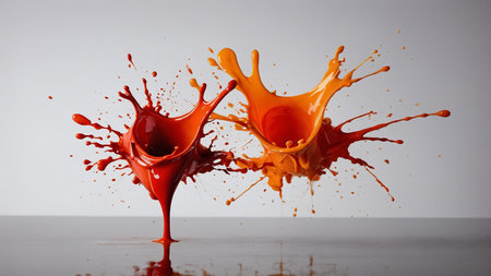 A vibrant orange splash of liquid dynamically captured mid-air, showing smooth curves and intricately droplets, with a bold and sleek gray background. AI generated imageの写真素材