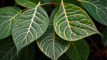 A detailed close-up of a lush green leaf showing its intricately white veins. The veins are...