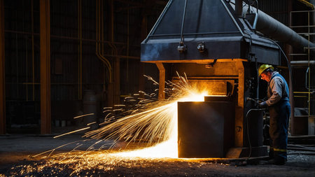 This image captures a dynamic industrial scene where machinery generates sparks during a...