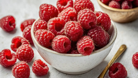 A visually appealing image of fresh red raspberries filling a white ceramic bowl, with a scattered...