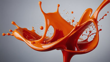 A vibrant orange splash of liquid dynamically captured mid-air, showing smooth curves and intricately droplets, with a bold and sleek gray background. AI generated imageの写真素材
