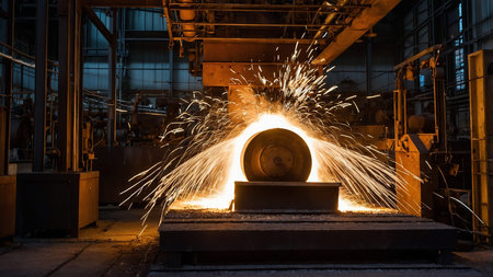 This image captures a dynamic industrial scene where machinery generates sparks during a...