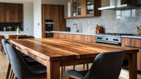 An inviting kitchen with a rustic wooden dining table; utensils, fresh plants, and stove add to the cozy ambiance, ready for family meals and heartwarming conversations. Calm and warm atmosphere. AI generated imageの写真素材