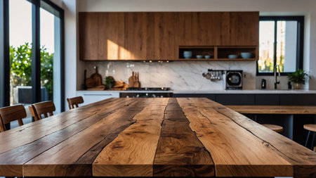 An inviting kitchen with a rustic wooden dining table; utensils, fresh plants, and stove add to the...